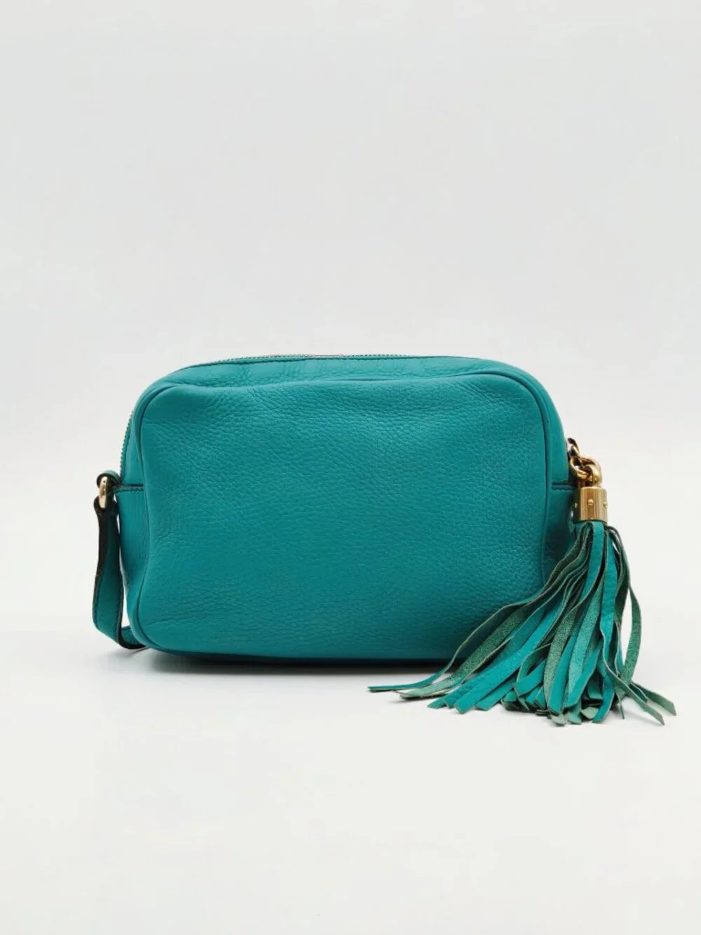 Gucci Soho Disco Leather Crossbody Bag Turquoise Tassel Zip Camera Bag Auth
